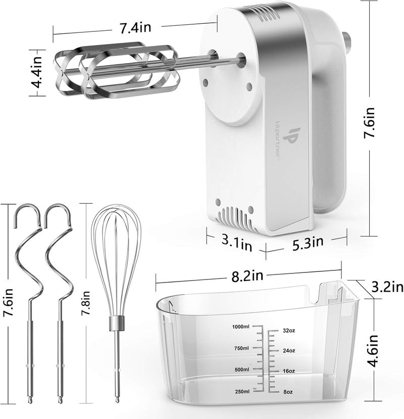 LILPARTNER Hand Mixer Electric, 450W Kitchen Mixers with Scale Cup Storage Case, Turbo Boost/Self-Control Speed + 5 Speed + Eject Button + 5 Stainless Steel Accessories, For Easy Whipping Dough, Cream, White - Image 5